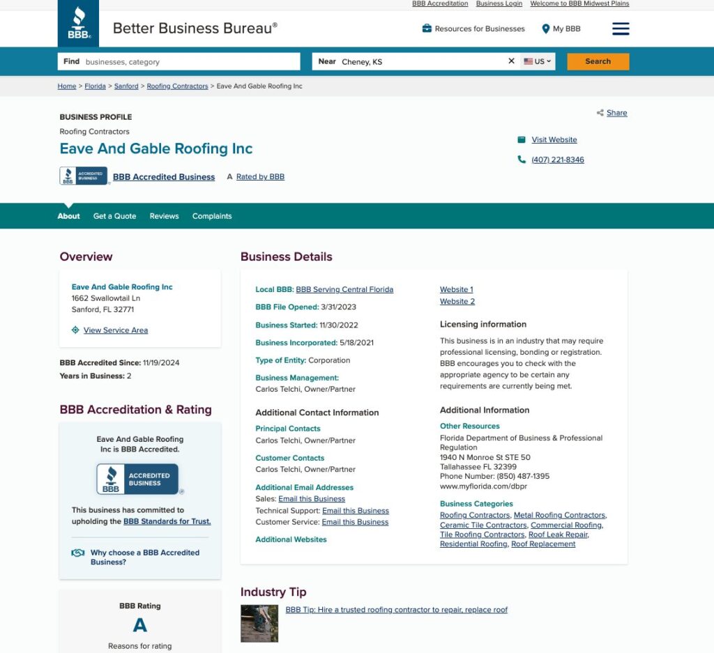 Image shows screen shot of Eave & Gable's BBB page.